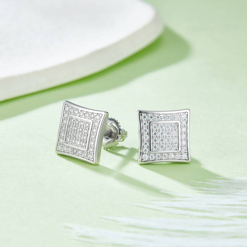 方形双环S925银Stud Earring带螺纹Moissanite厘石D级0.41ct